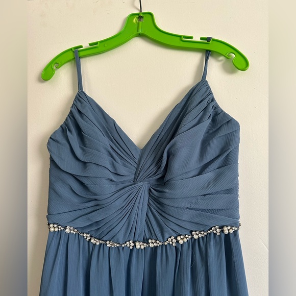 Davids Bridal  Blue Twist Bodice Chiffon Dress with Beaded Belt - Picture 2 of 6
